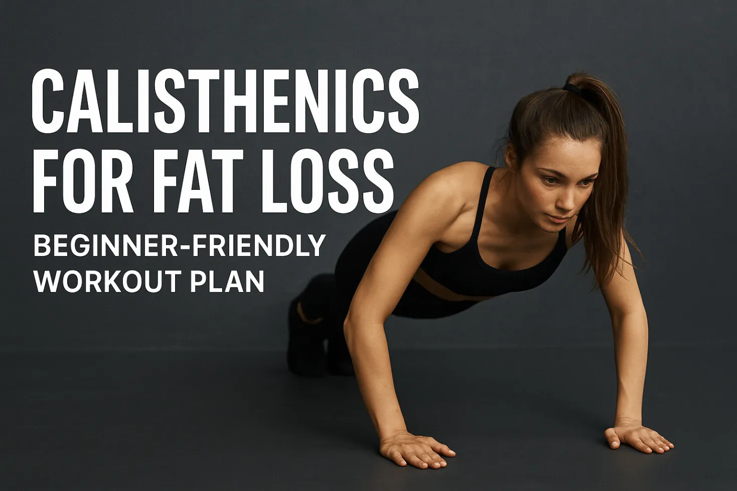 Promotional graphic with the text “Calisthenics for Fat Loss – Beginner-Friendly Workout Plan” on the left, featuring a woman performing a push-up on the right against a dark grey background.