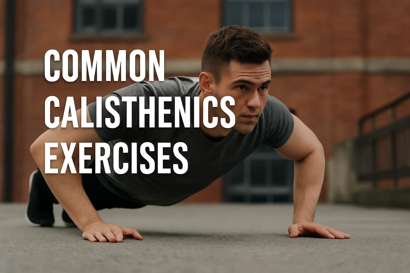 A man performs a one-arm push-up on a concrete surface with a red brick building in the background, demonstrating advanced calisthenics strength and control.