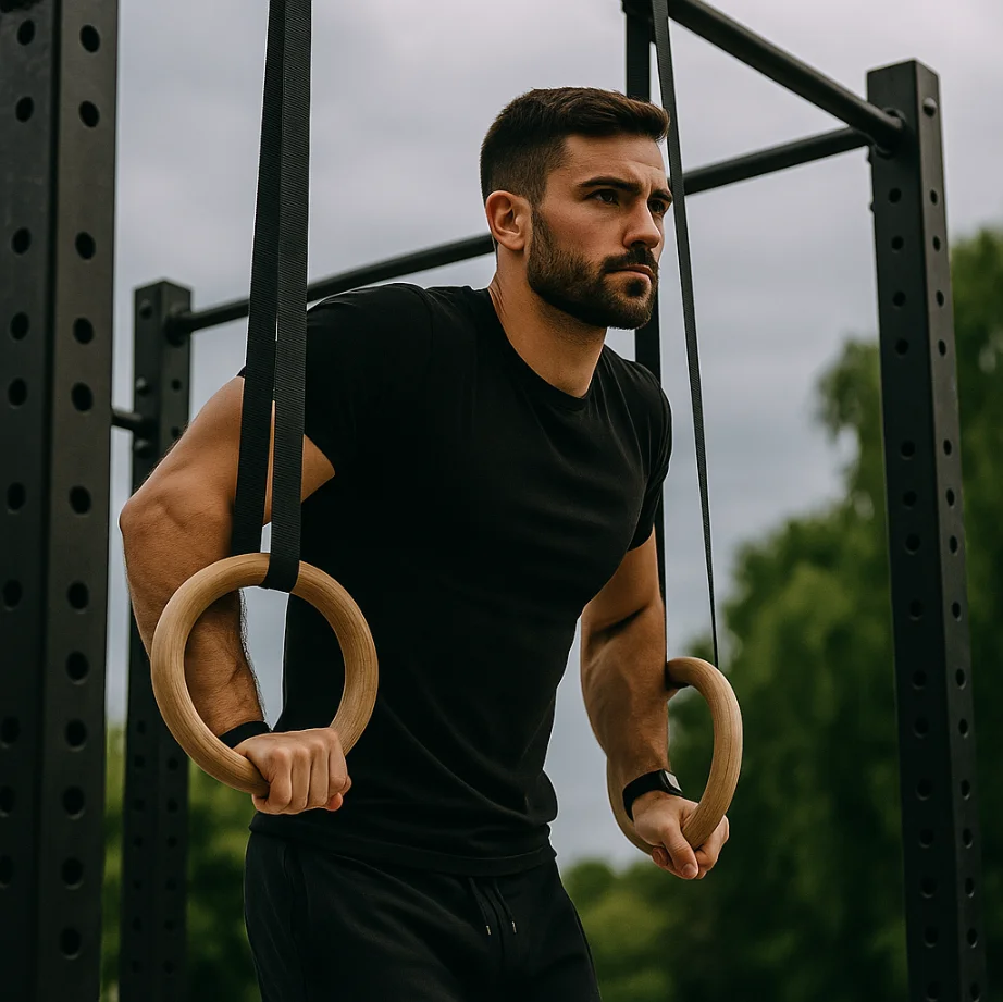 A focused athletic man performs ring dips on wooden rings at an outdoor calisthenics park, wearing a black shirt and wrist tracker, with green trees and grey skies in the background. Ask ChatGPT