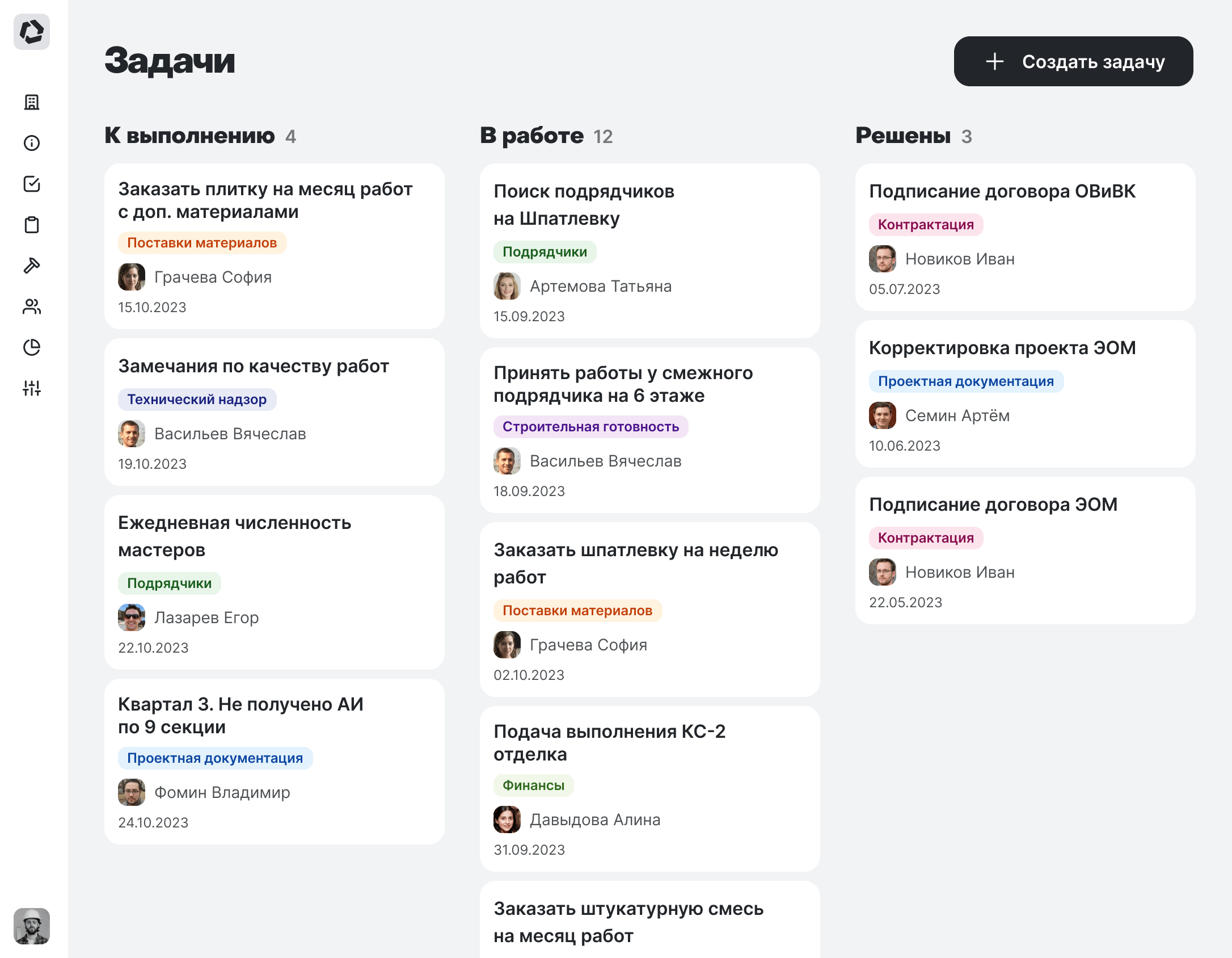 Список задач с конкретными ответственными, сроками и статусами