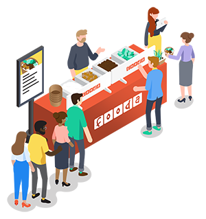 isometric illustration of people in line getting food at a Fooda Popup