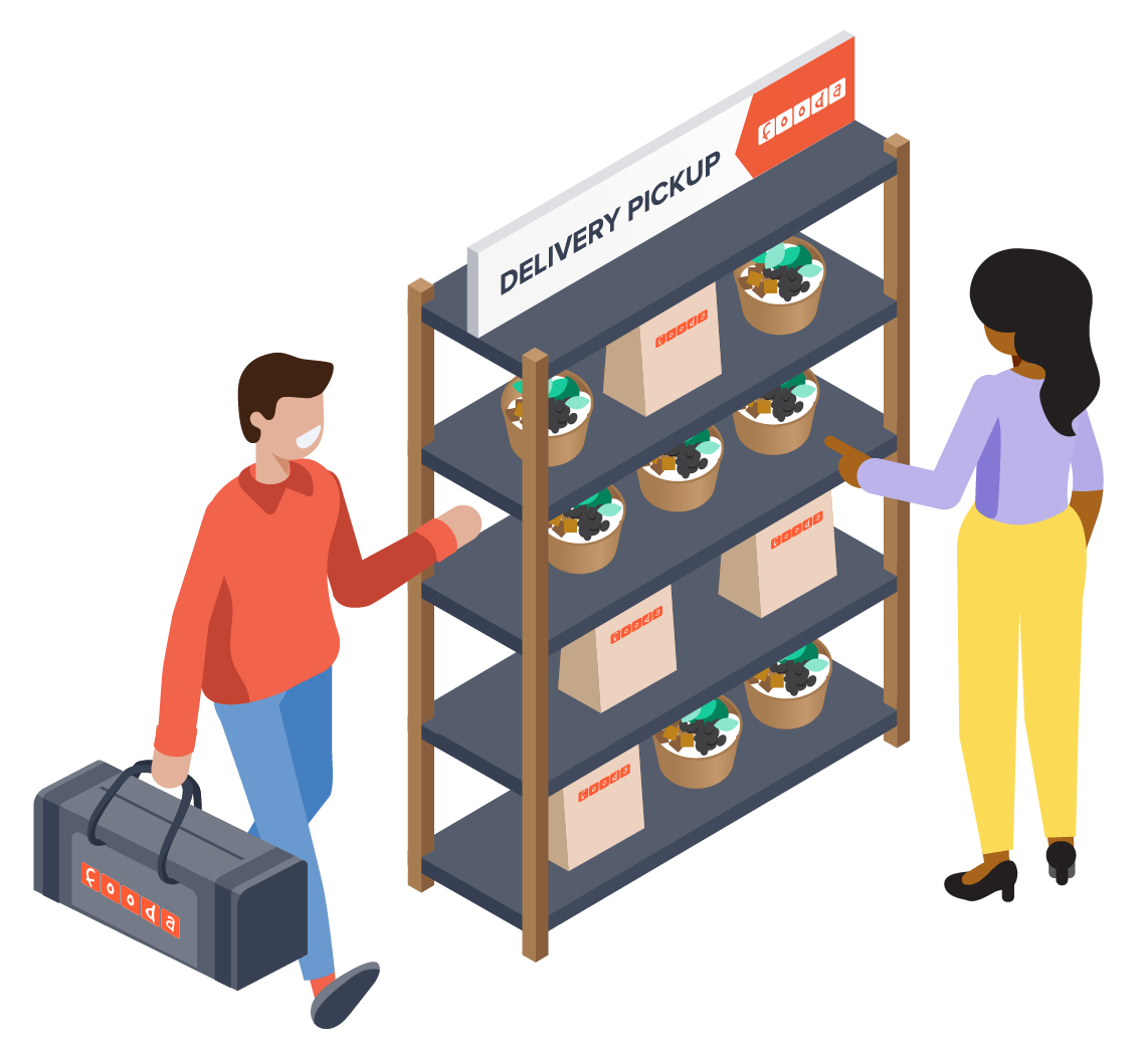 isometric illustration of a Fooda delivery employee putting meals out at a pickup point