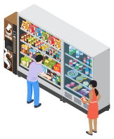 isometric illustration of two people looking at a pantry solution with fresh food, snacks and coffee options
