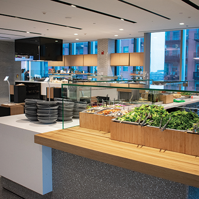 A beautiful company cafeteria, stocked and ready for the lunch rush.