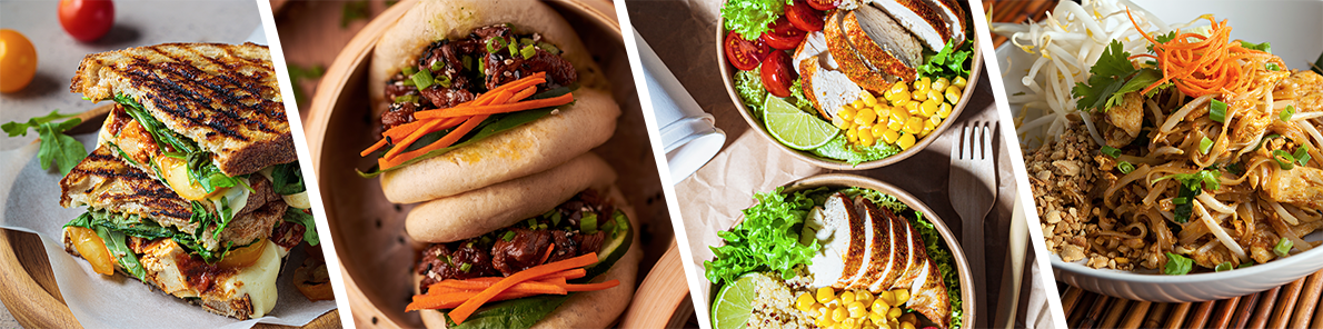 Four food images featuring; Grilled cheese sandwich with spinach, Porkbelly bao buns, Salad bowl with roast chicken, Pad Thai
