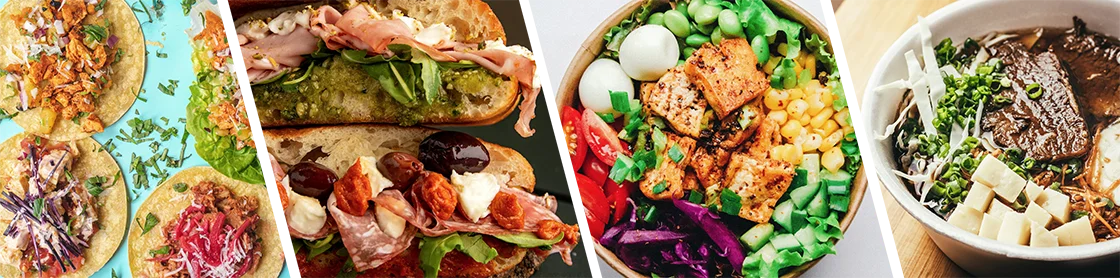four images of food; tacos, gourmet sandwiches, mediterranean salad bowl, pho.