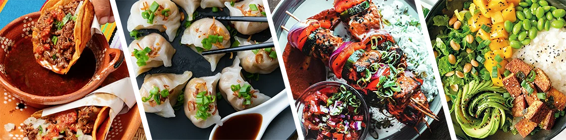 4 images of food; birria tacos, steamed dumplings, chicken kebabs, and a vegetarian rice bowl.