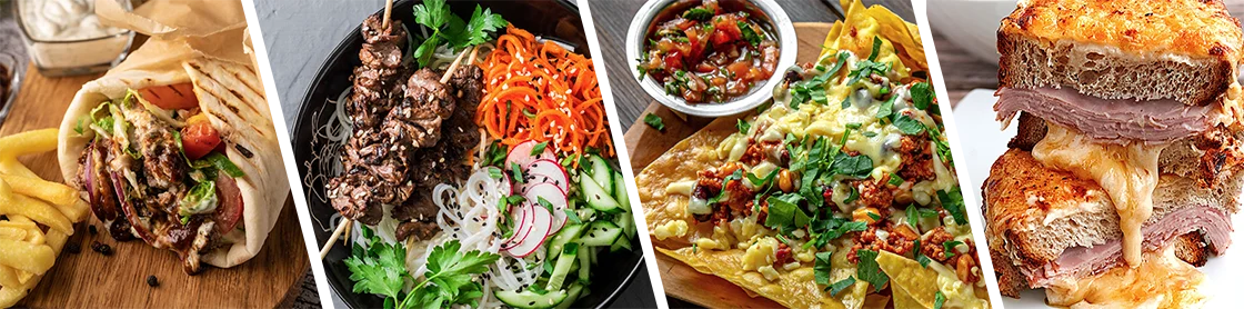four images of delicious food; gyro and fries, pho noodle bowl, nachos and salsa, and a croque monsieur sandwich