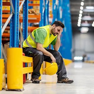 Tired third shift worker takes a quick moment to sit down with elbows on knees and head on a hand.