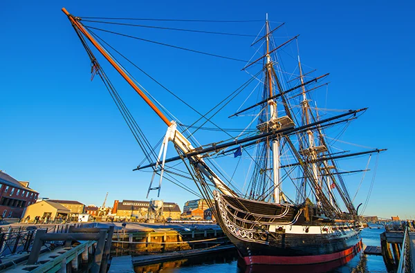 USS Constitution is a three masted wooden hulled heavy frigate of the United States Navy docked at Charlestown Navy Yard in Boston, Massachusetts MA, USA. She is the world's oldest ship still afloat.