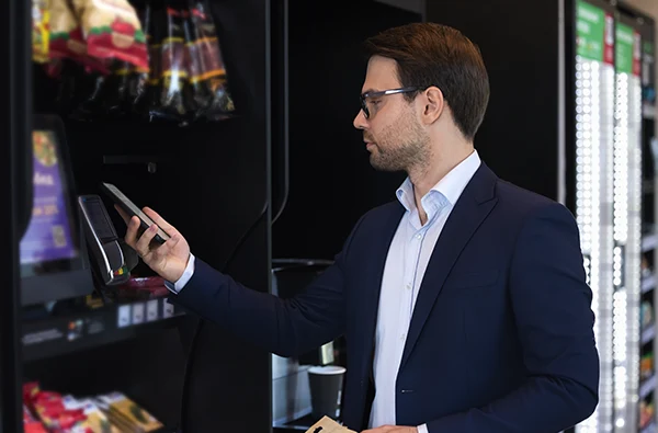 Young businessman makes quick cashless payment, lean mobile phone to card reader machine