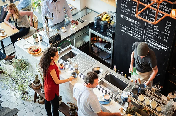 top view photo of busy coffee shop scene