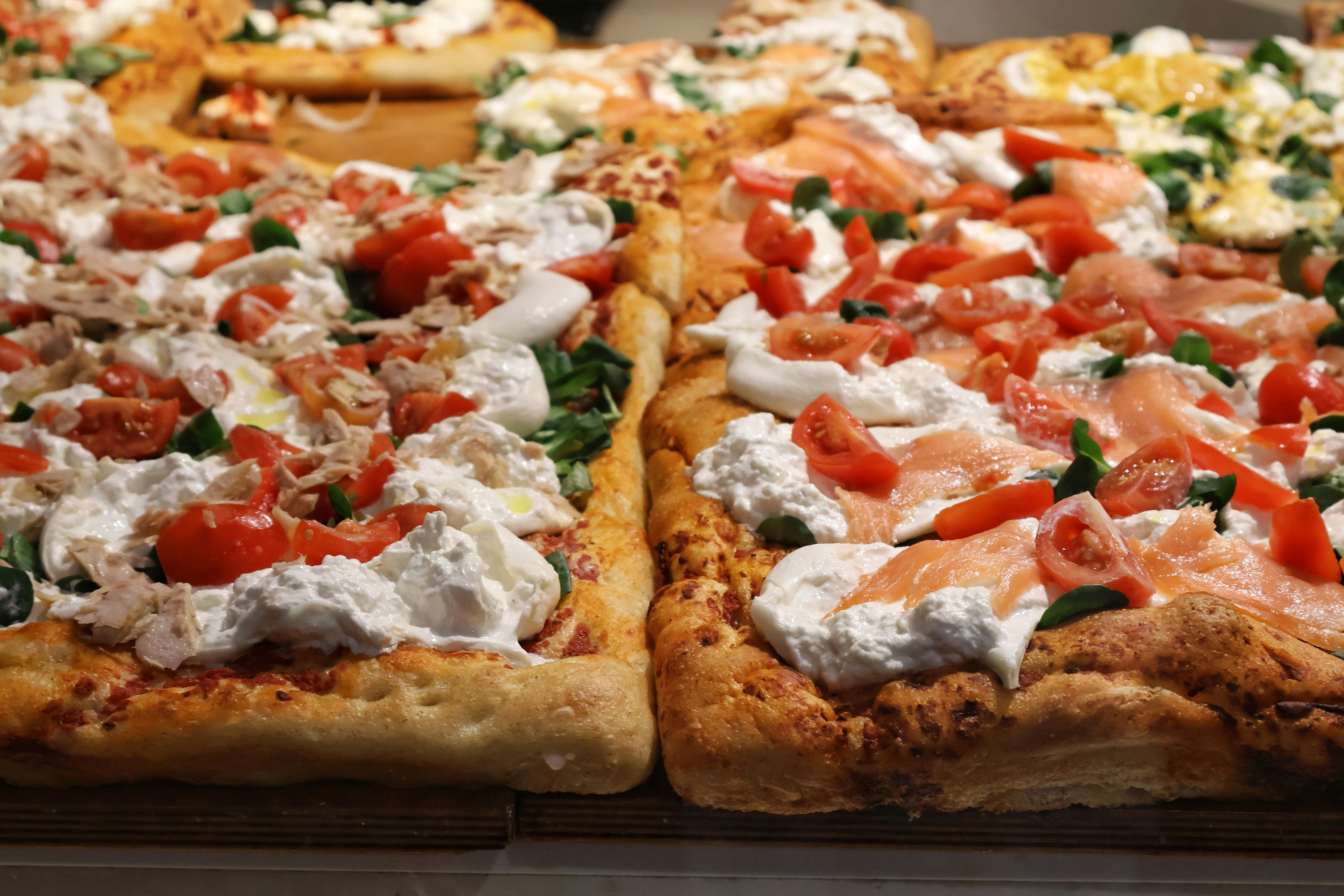 Roman style pizzas on display