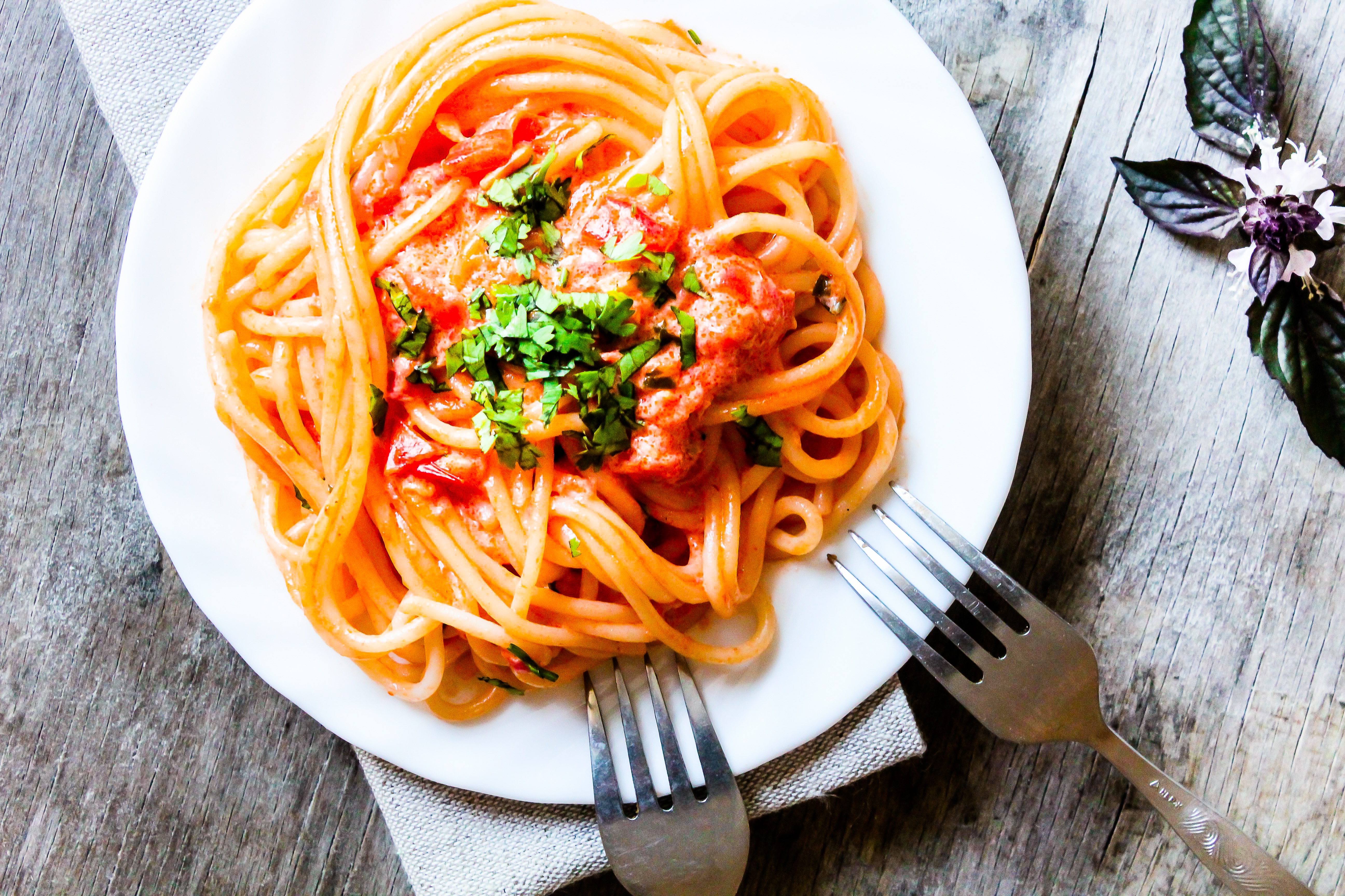 Plate of spaghetti with two forks