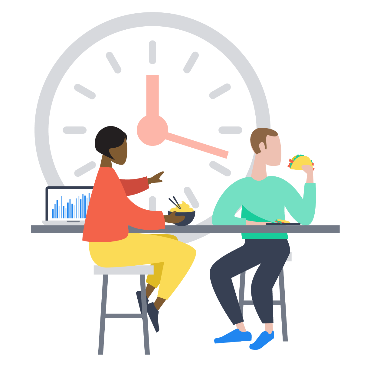 Graphic of two employees eating lunch with clock behind them