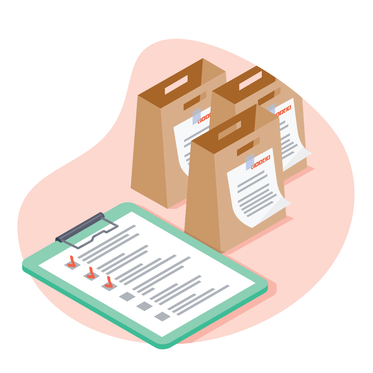 Graphic of delivery bags with labels next to checklist