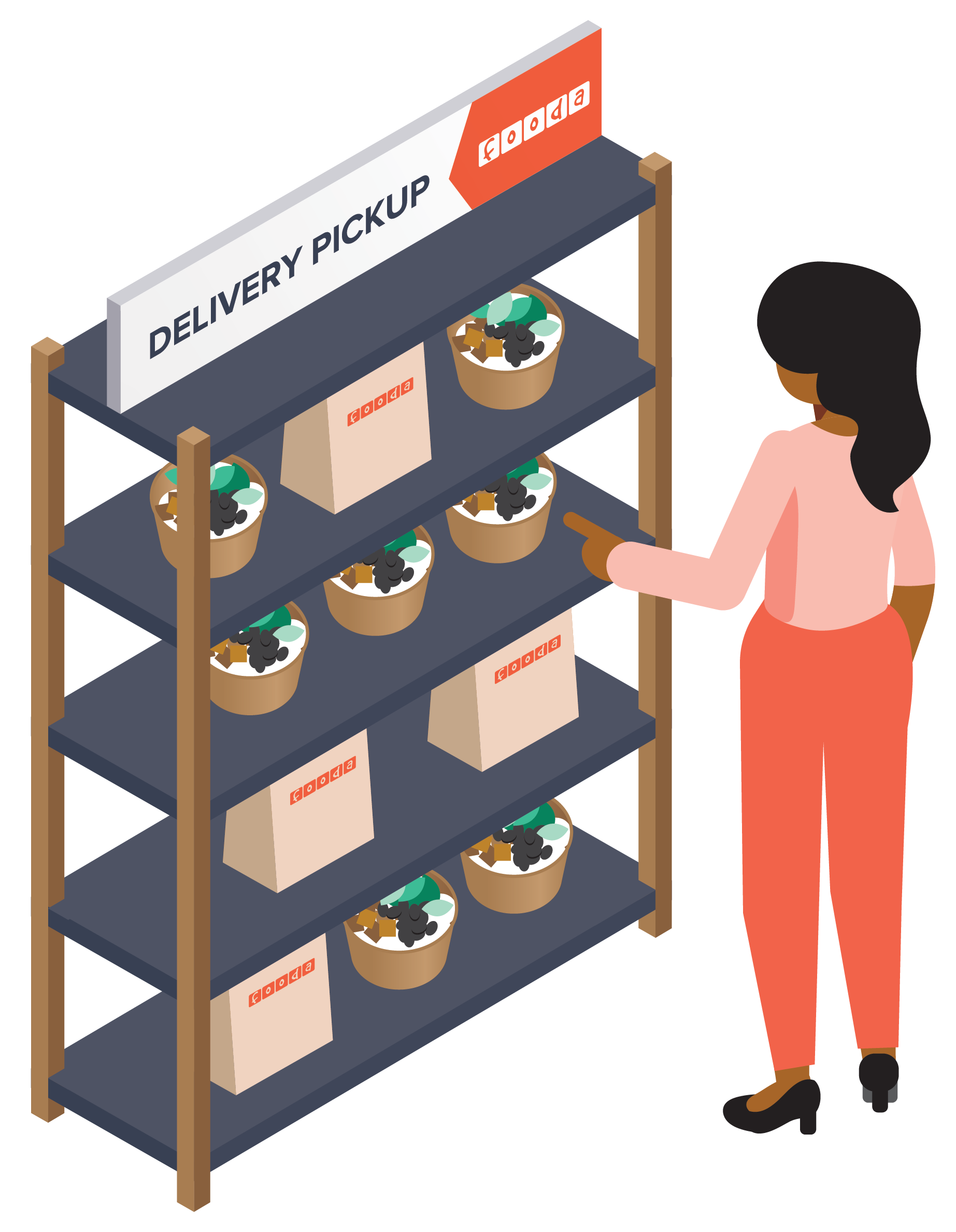 Doodle of employee looking for order at Fooda delivery pickup shelves