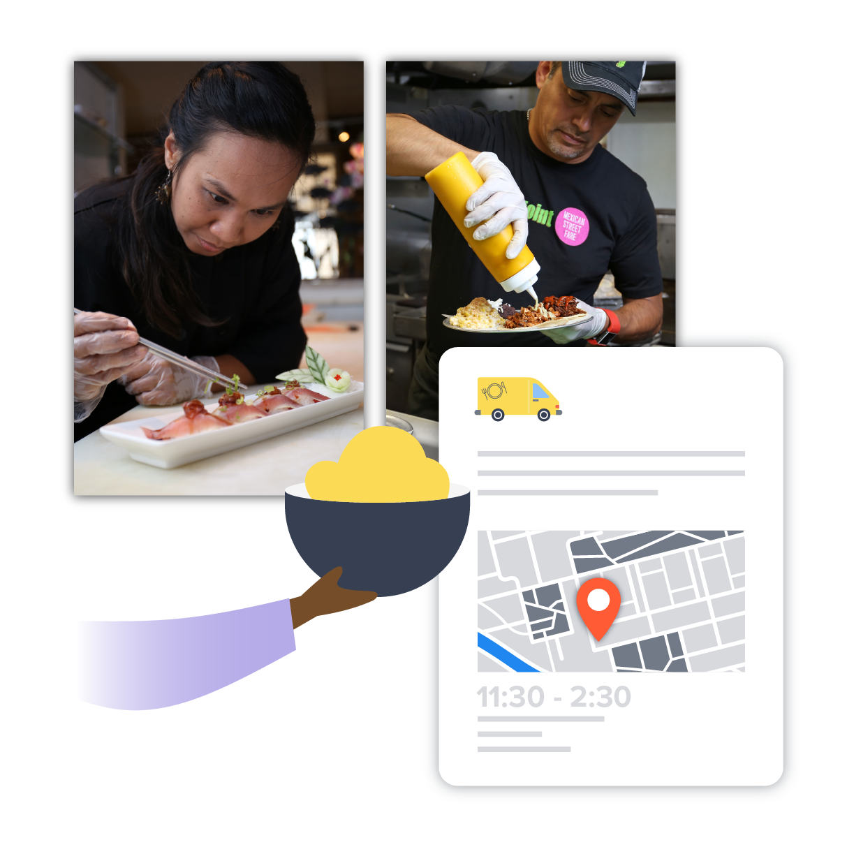 Graphic showing Fooda restaurant partners preparing food for catering