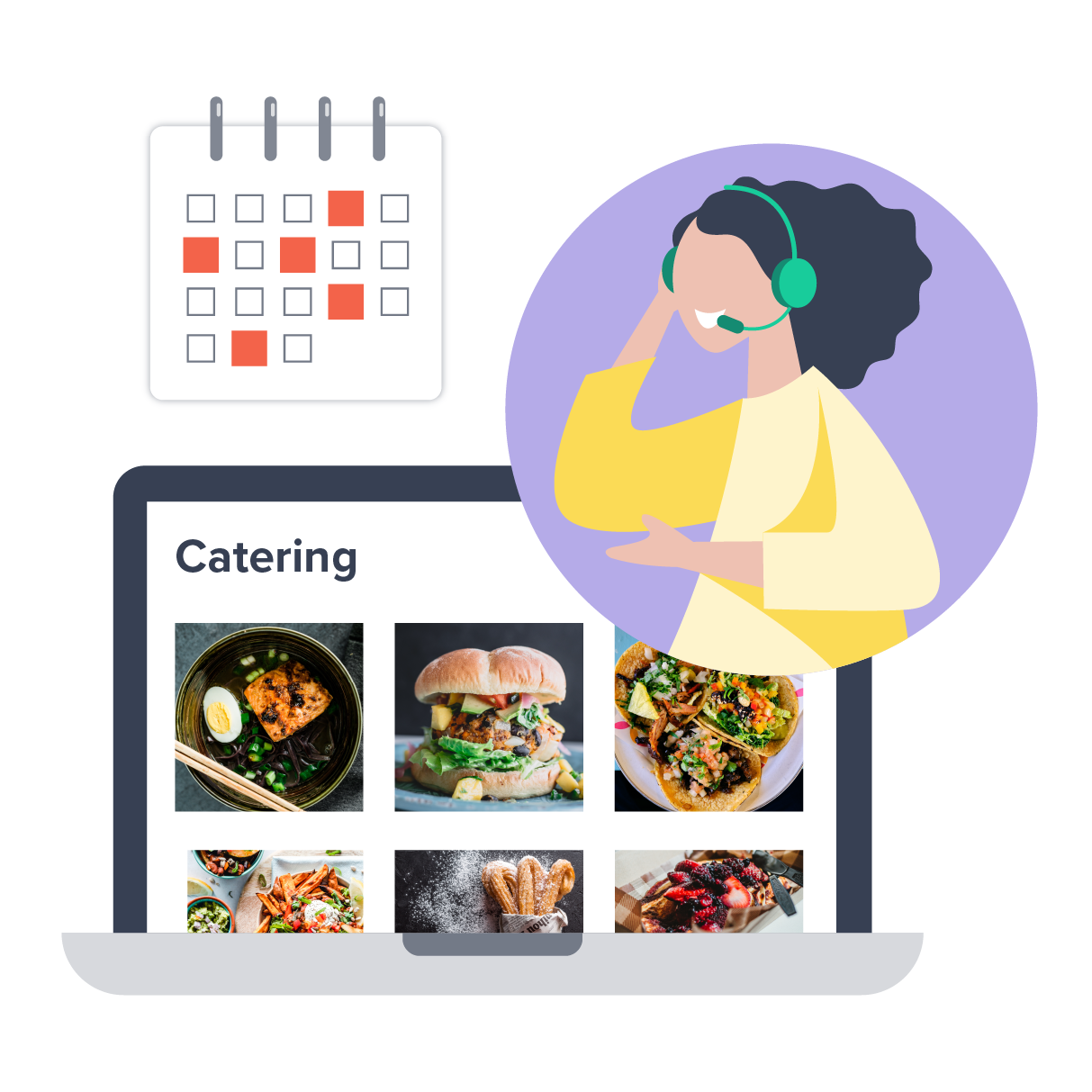 Fooda doodle with laptop open that has catering options on it