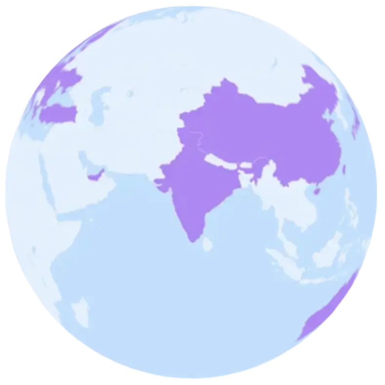 A stylized globe showcasing Asia in light purple, with a light blue ocean surrounding it. The focus is on the regions of South and East Asia, emphasizing their geographical representation.