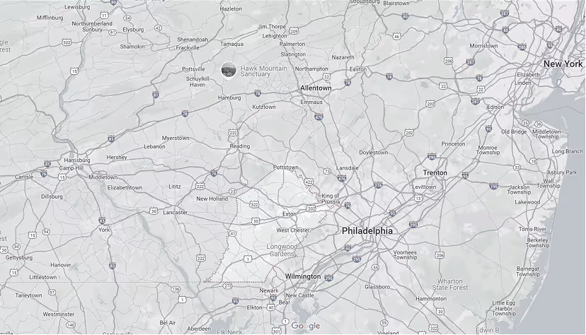 Pest Control Technicians Inc.'s service area map covering Philadelphia, Montgomery, Delaware, Chester, Bucks, and Berks.