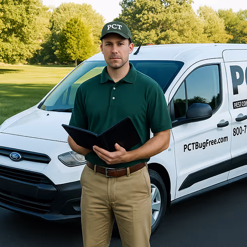 Pest Control Technicians Inc. staff member standing in front of a branded company van with a service folder.