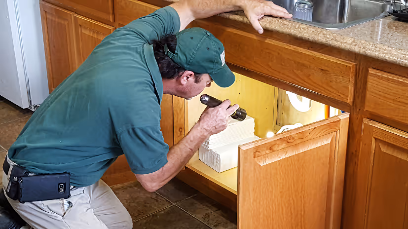 PCT technician inspecting under a kitchen sink with a flashlight in an apartment.
