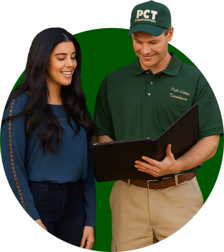 PCT technician talking with a customer and reviewing pest solutions.