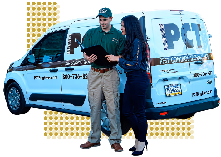 Pest Control Technicians Inc. team member reviewing service plans with a customer beside a company van.
