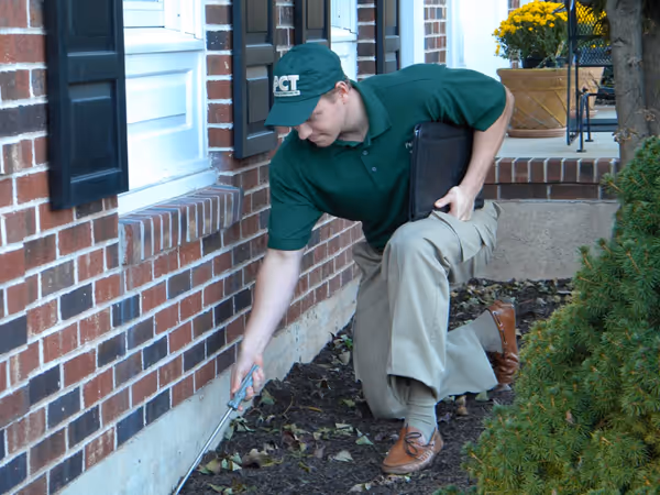 Technician inspecting and treating outside areas during water bug pest control services.