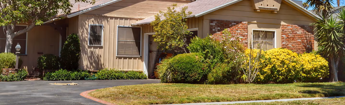 Grayscale image of a suburban home exterior with landscaping symbolizing pest-free living through pest control services.