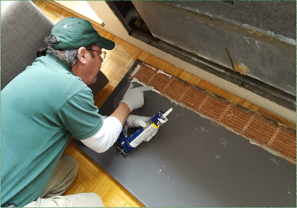 A pest control technician sealing gaps along a home’s interior to prevent pest entry.