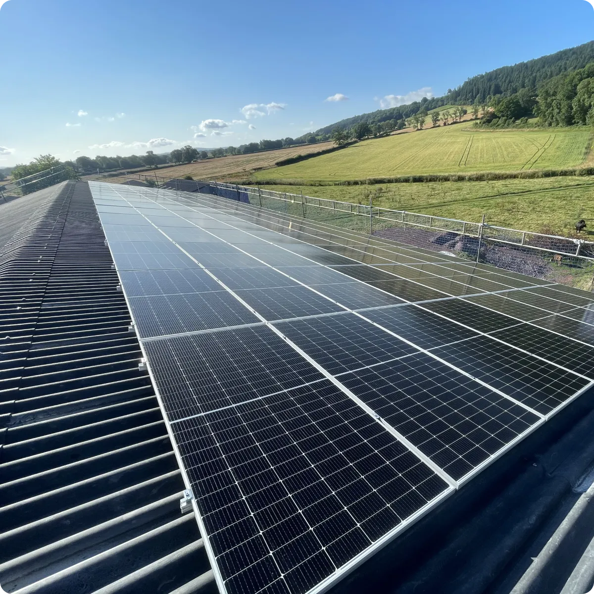 Solar panels installed on a barn roof overlooking green fields and a clear blue sky.