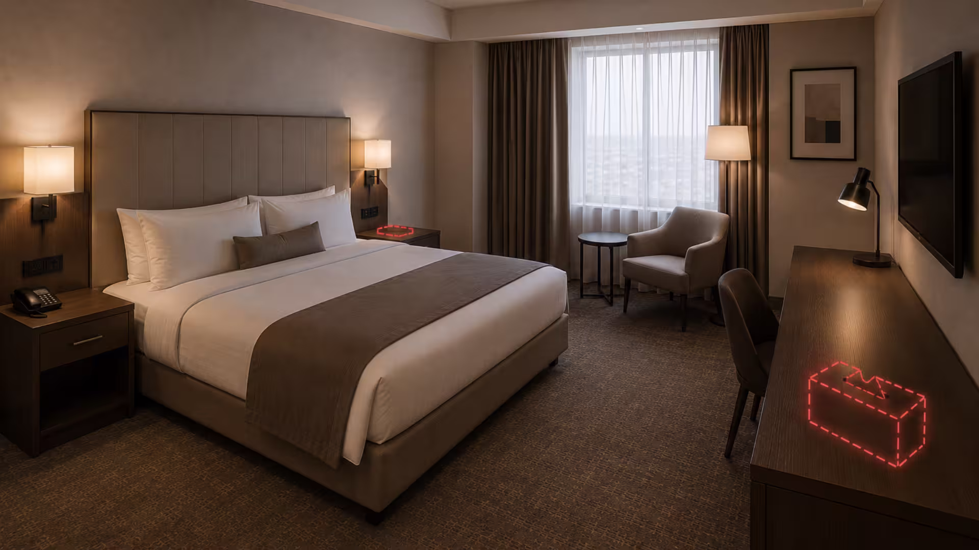 Modern hotel room with AI-style visual verification overlays highlighting missing items. Red dashed annotations indicate a missing TV remote on the bedside table and a missing tissue box on the desk, demonstrating automated room inventory and housekeeping verification.