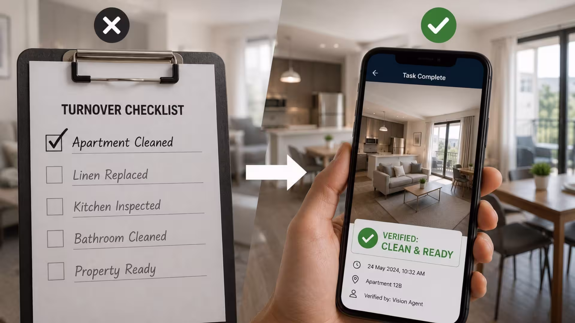 Illustration contrasting a ticked checklist with photo-verified evidence of completed work
