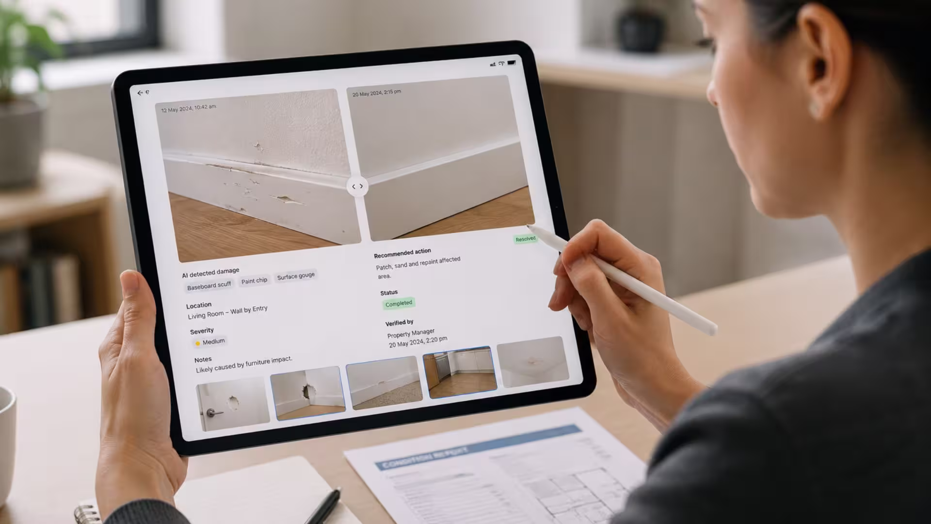 Property manager reviewing AI-detected damage with before and after photos for a bond claim