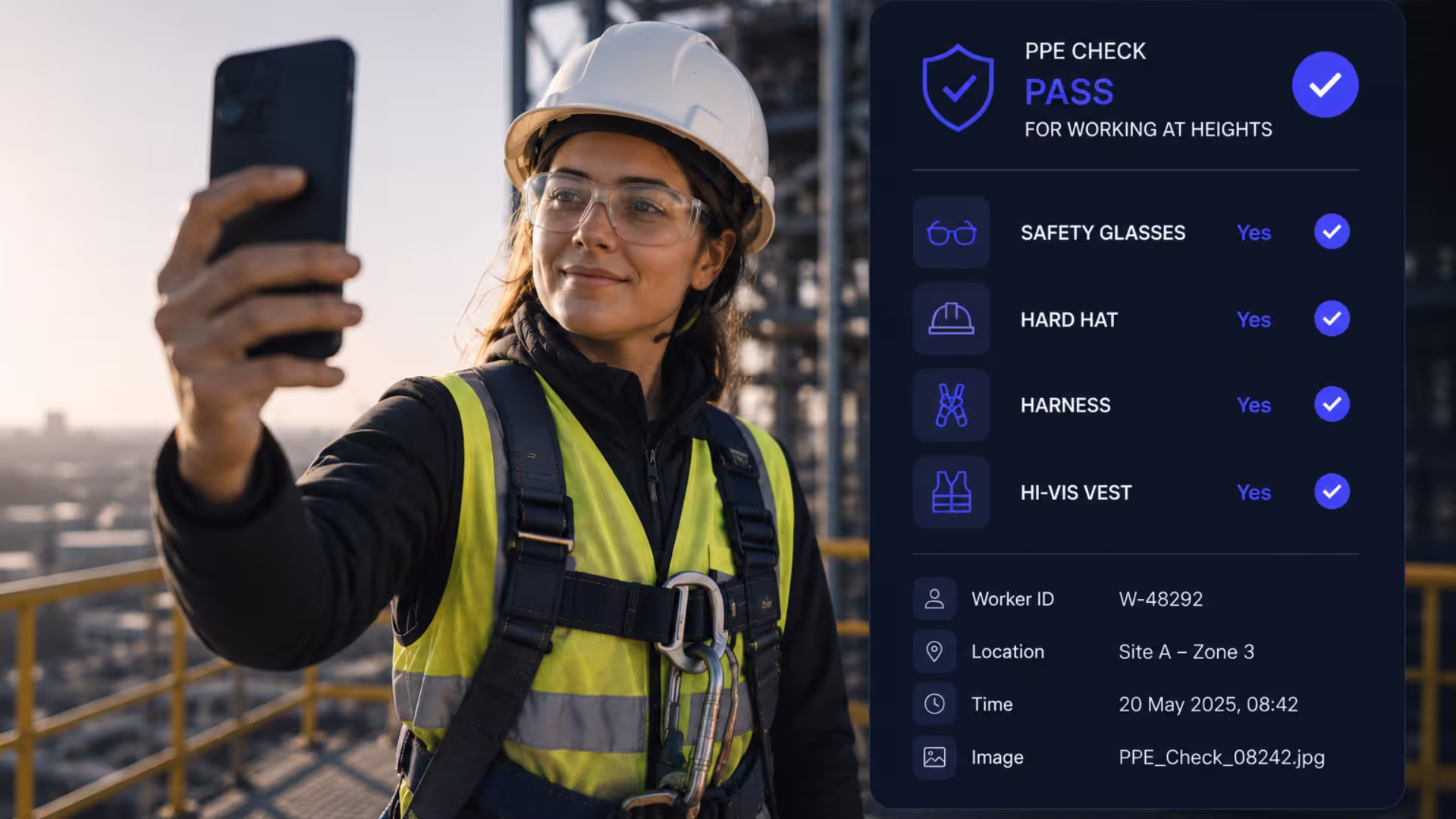 Worker wearing PPE being verified by a Vision Agent against a safety checklist