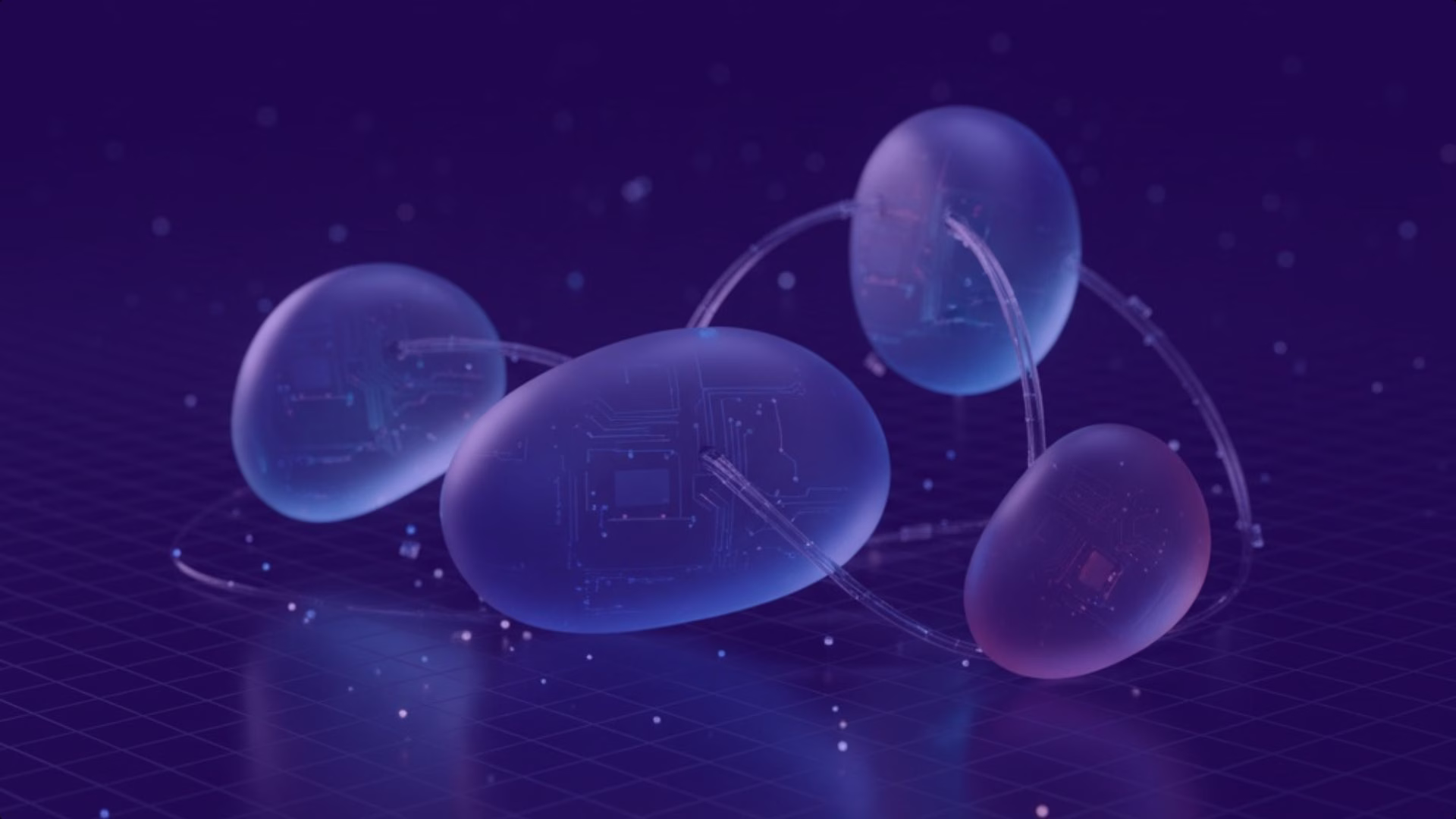 Abstract 3D illustration of interconnected glowing nodes linked by curved pathways, symbolising AI agents connected in a network.