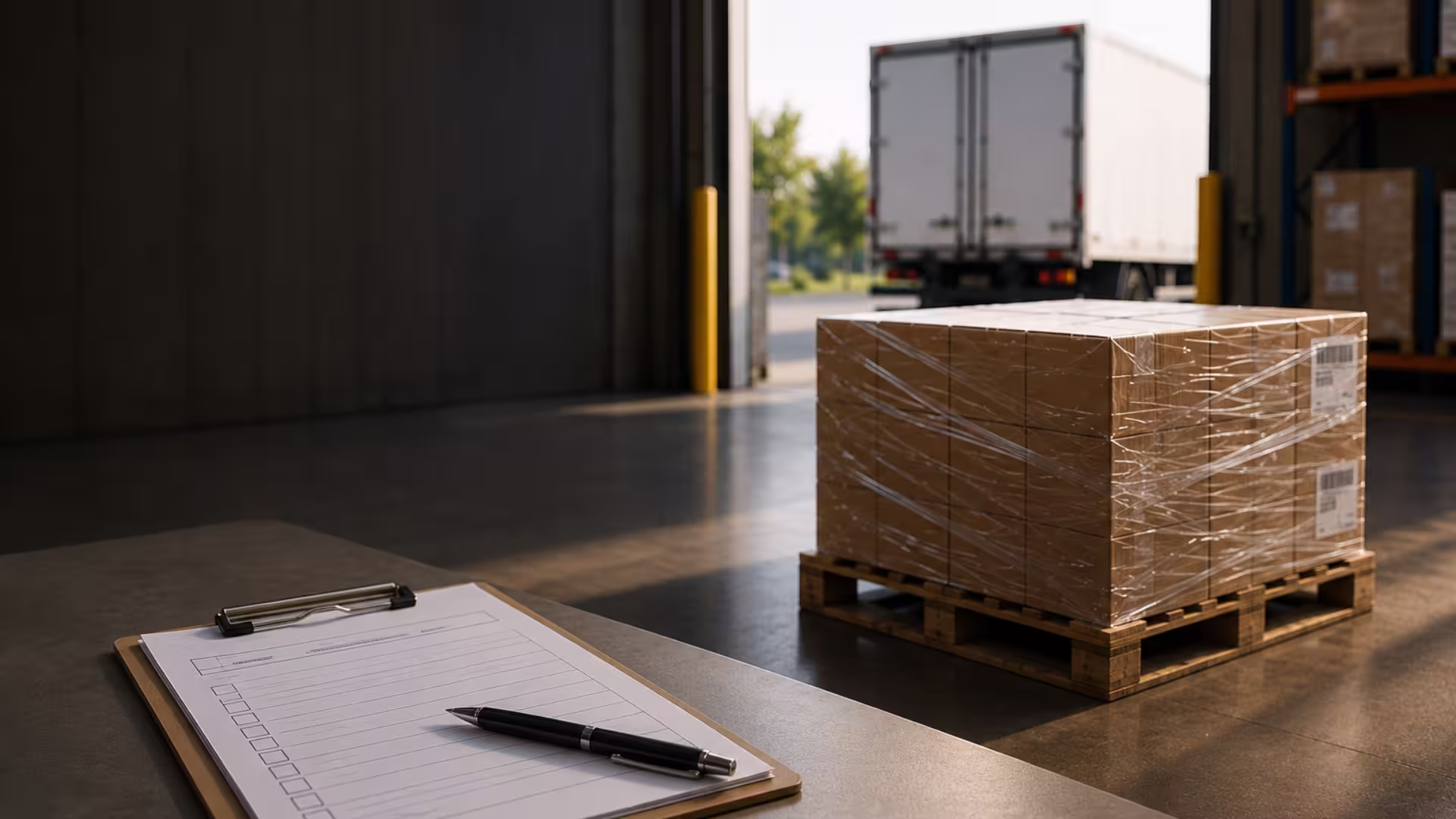 Warehouse worker photographing a damaged pallet at a receiving dock for AI verification
