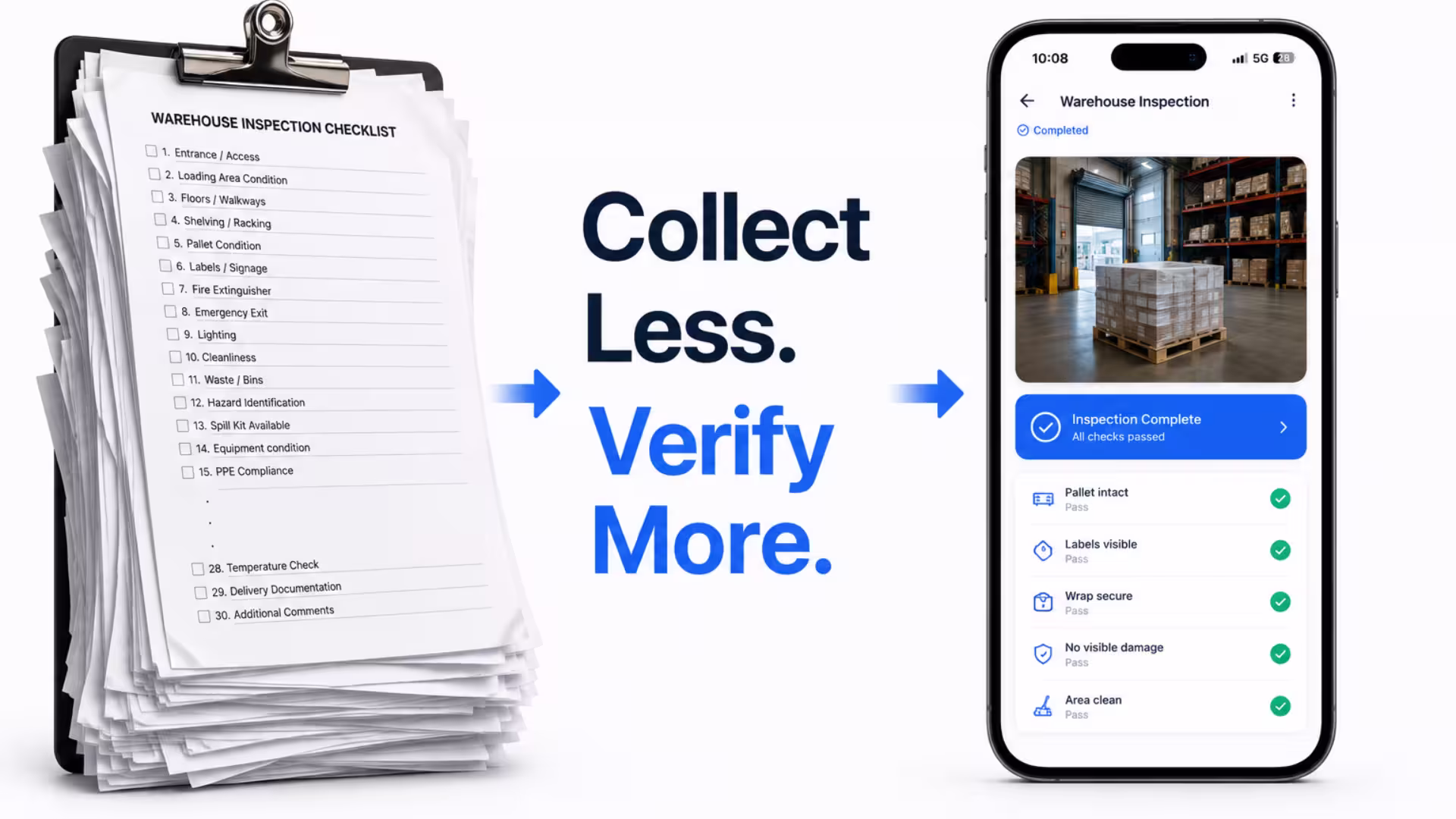 Illustration comparing a paper inspection checklist with an AI-powered mobile workflow that verifies inspections using a single photo.