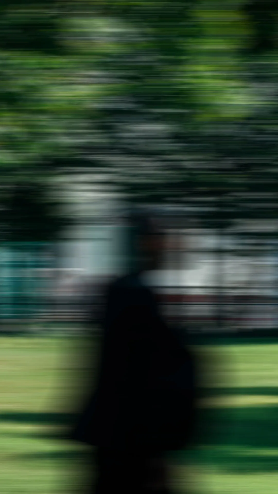 Verschwommene Bewegung einer Person in einem Park mit Bäumen und Rasen.