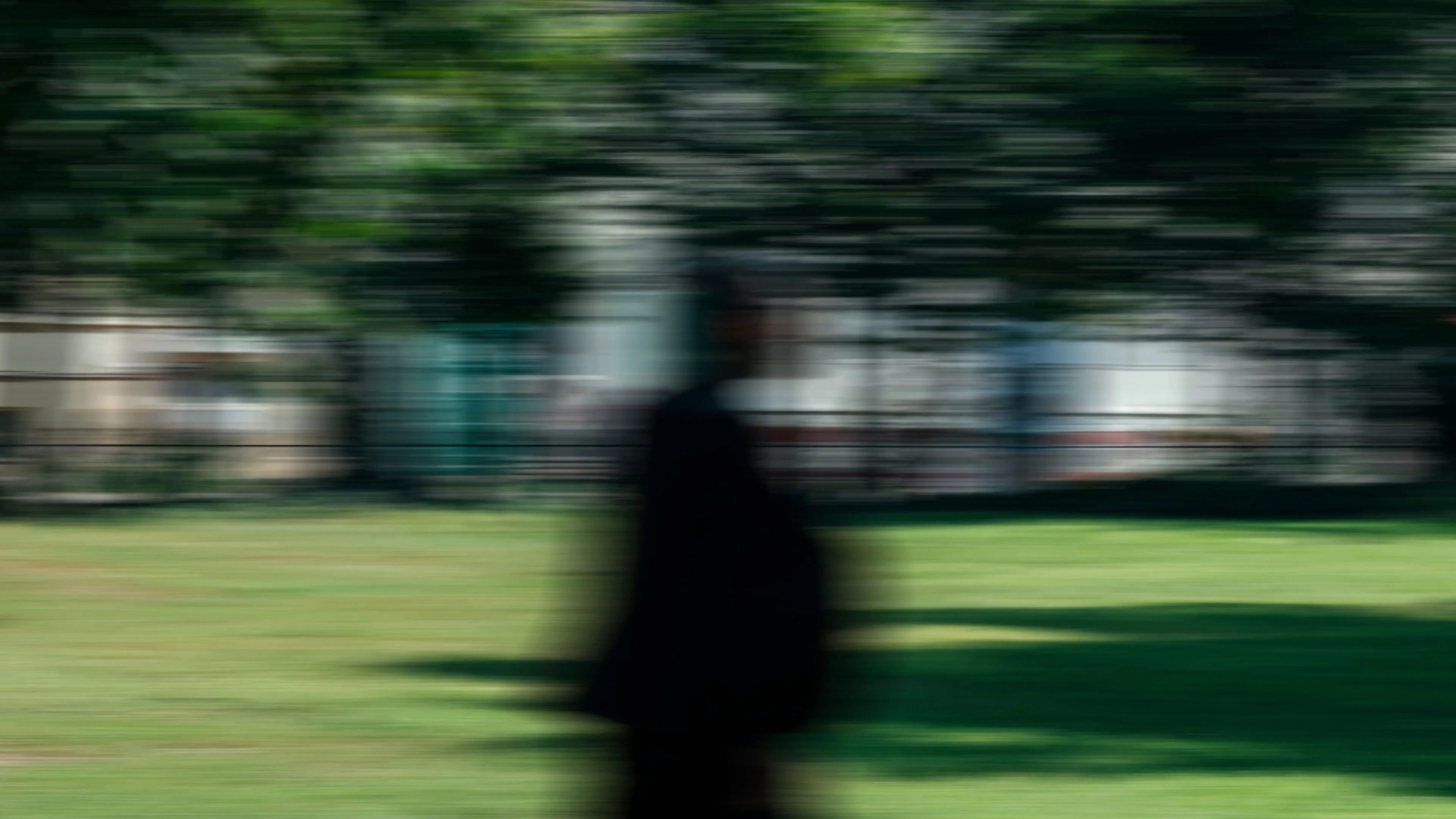 Verschwommene Silhouette einer Person, die auf einem grasbewachsenen Feld mit Bäumen im Hintergrund geht.