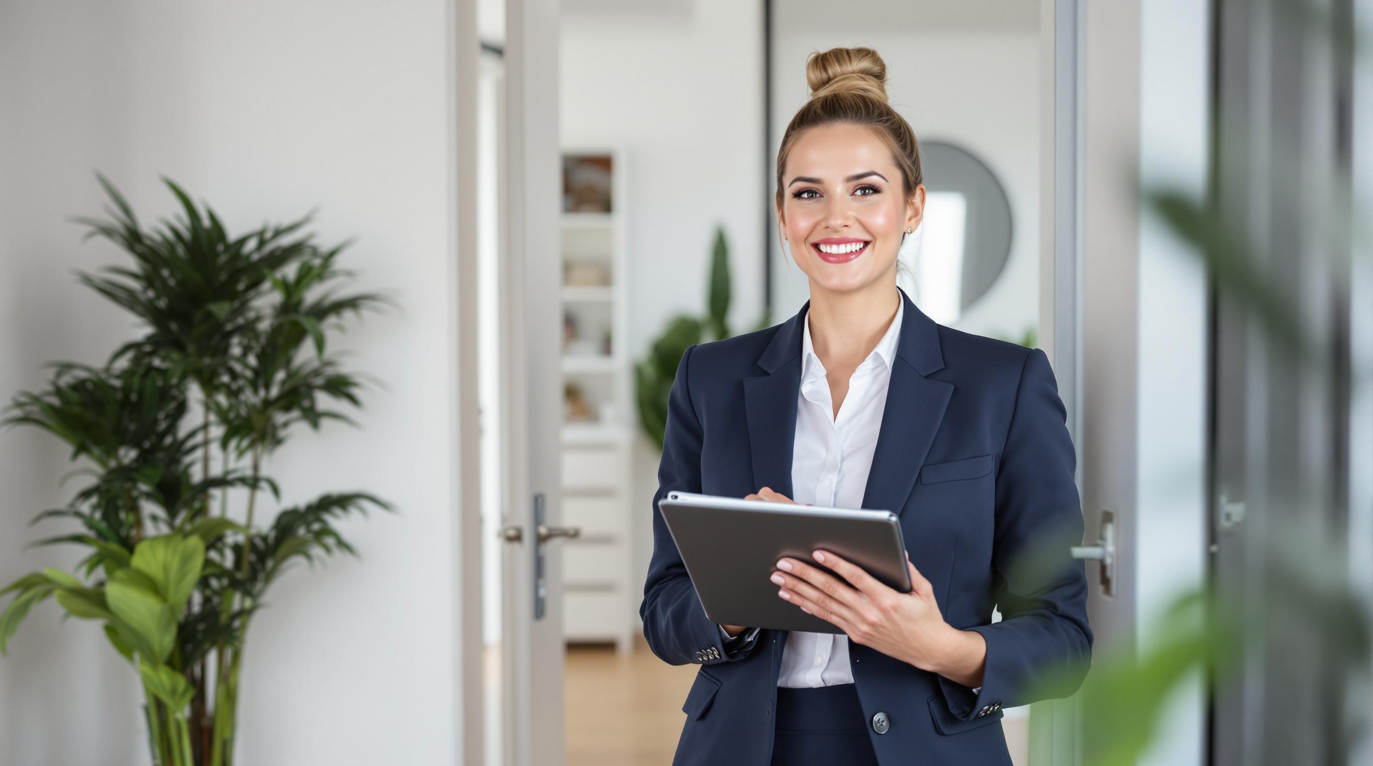 Femme en costume professionnel souriant et tenant une tablette dans un bureau moderne avec des plantes vertes.