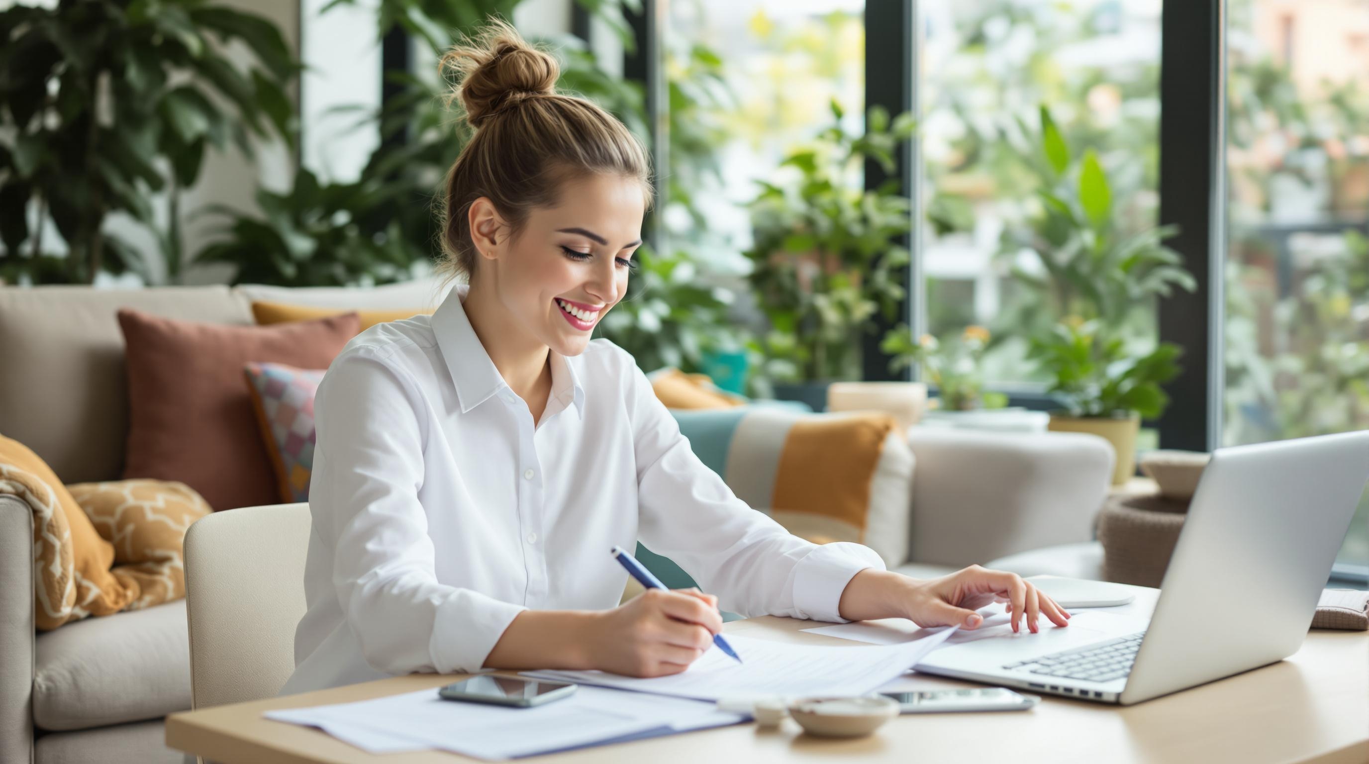 Femme souriante travaillant à domicile sur un ordinateur portable, entourée de plantes et de papiers, assise à une table dans un salon lumineux.