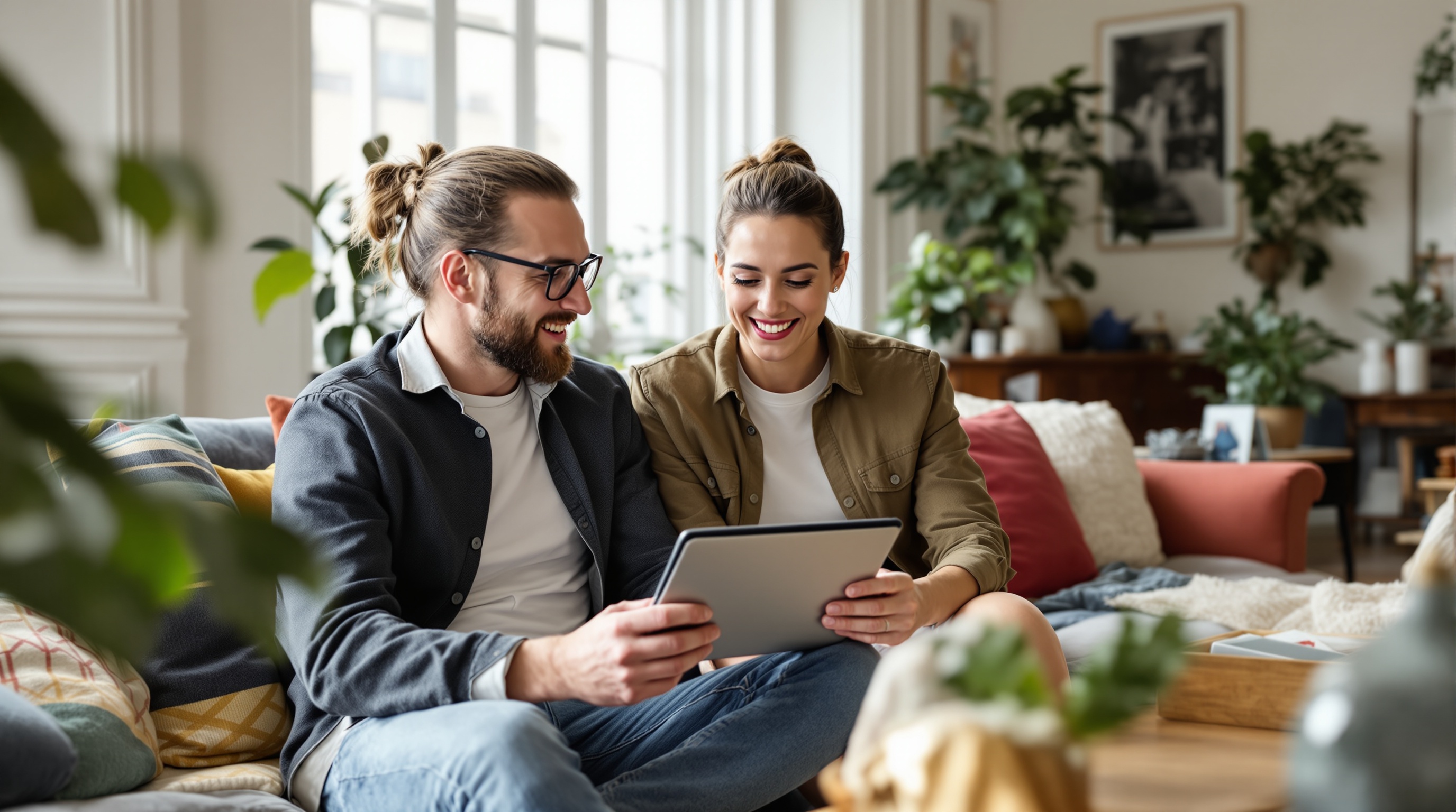 Un couple souriant assis sur un canapé, regardant ensemble une tablette dans un salon lumineux et décoré de plantes.
