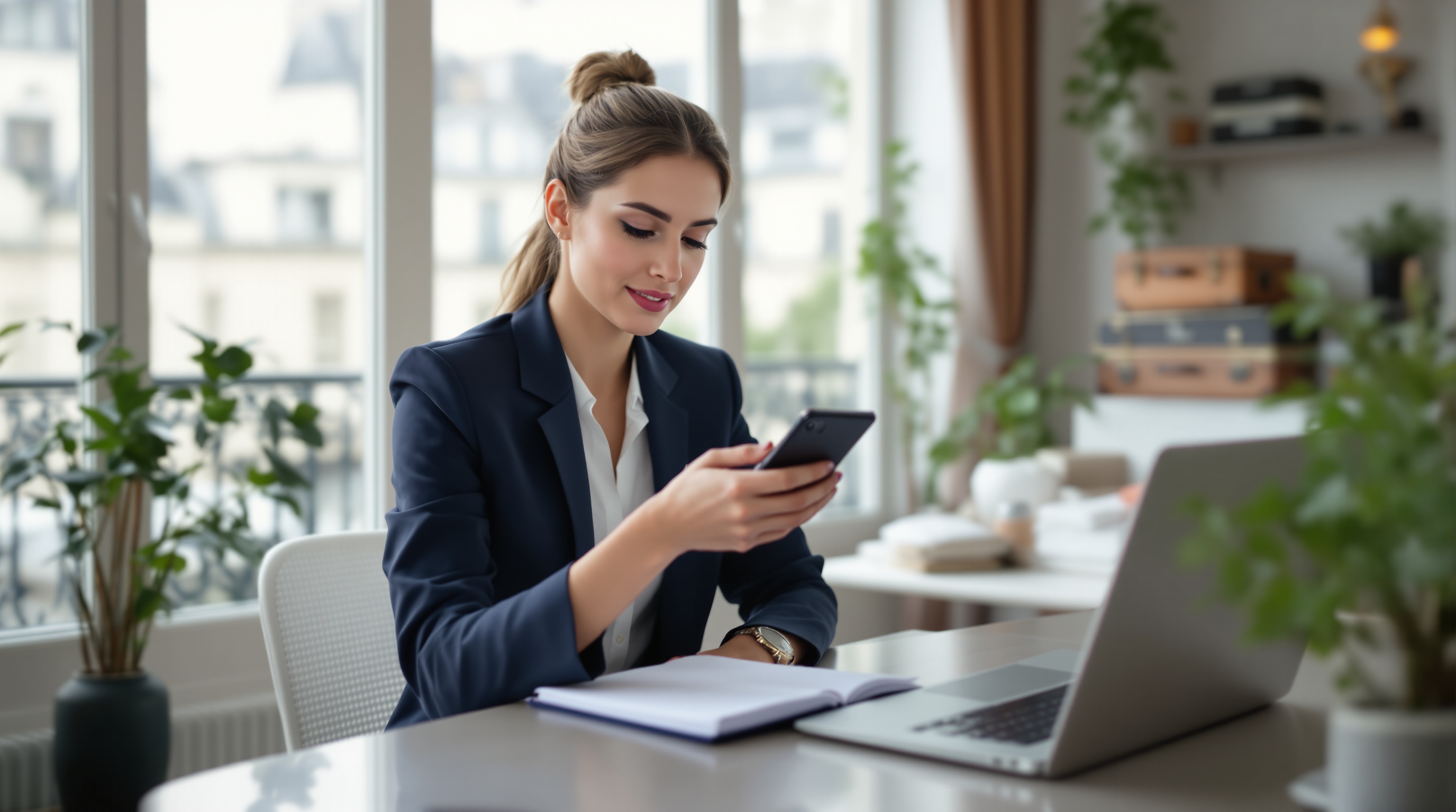 Femme en tailleur assise à un bureau moderne, utilisant son smartphone, avec un ordinateur portable et un carnet devant elle, dans un intérieur lumineux avec des plantes et de grandes fenêtres.