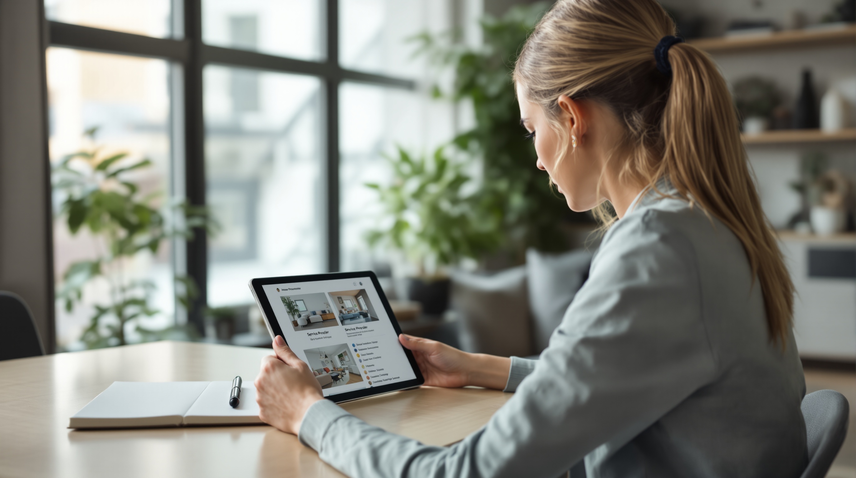 Femme travaillant sur une tablette numérique dans un bureau moderne, avec un carnet et un stylo à ses côtés.