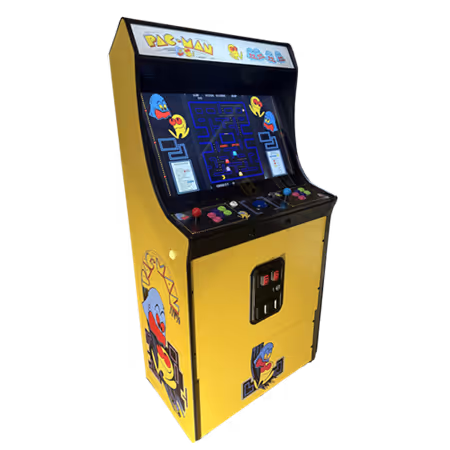 Yellow Pac-Man arcade game cabinet with joystick and buttons, screen showing the Pac-Man maze game in progress.
