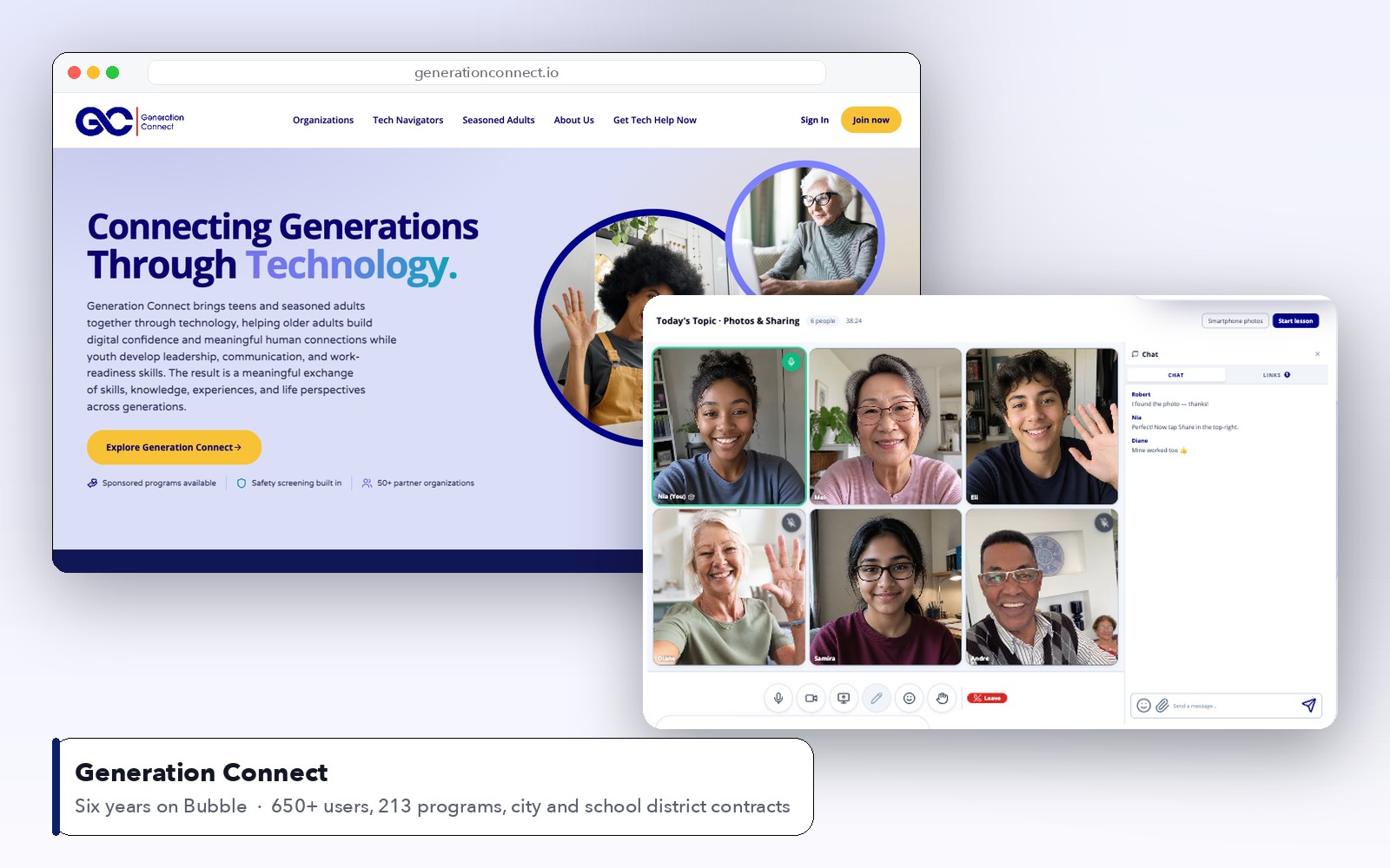 Generation Connect homepage and live session interface