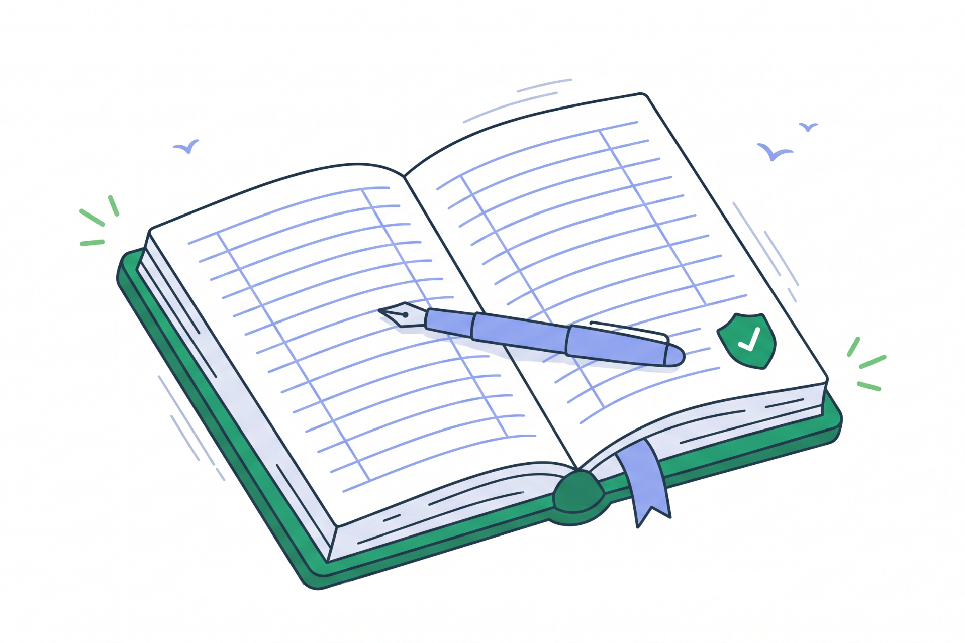 An open ledger with ruled rows, a green shield with a check, a ribbon bookmark and a fountain pen laid across it.